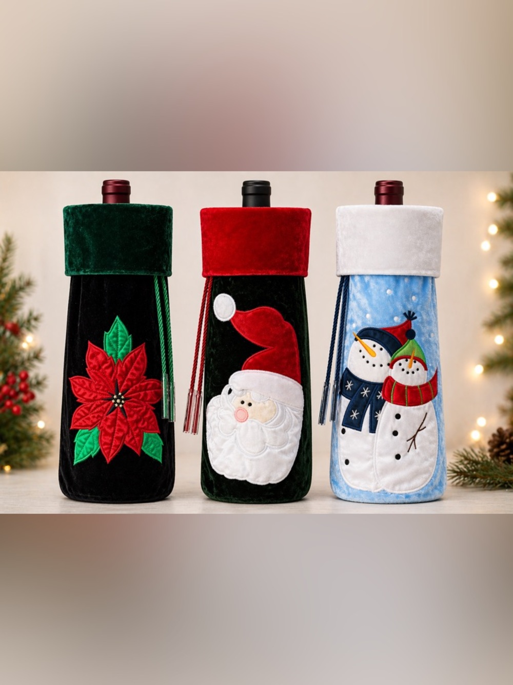 SET OF 3- Holiday Velvet Wine Bags